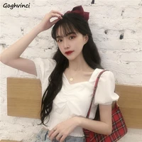blouses shirts women summer puff sleeve square collar solid pleated sweet girls crop top korean style elegant fashion vintage