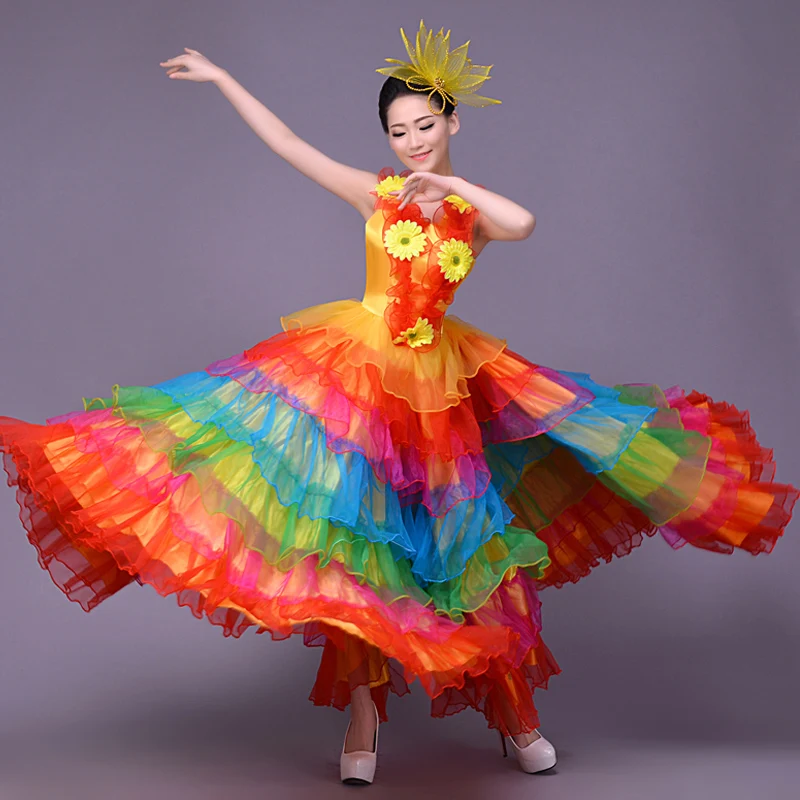 Красочные испанская коррида живота платье с широкой юбкой для танцев длинный