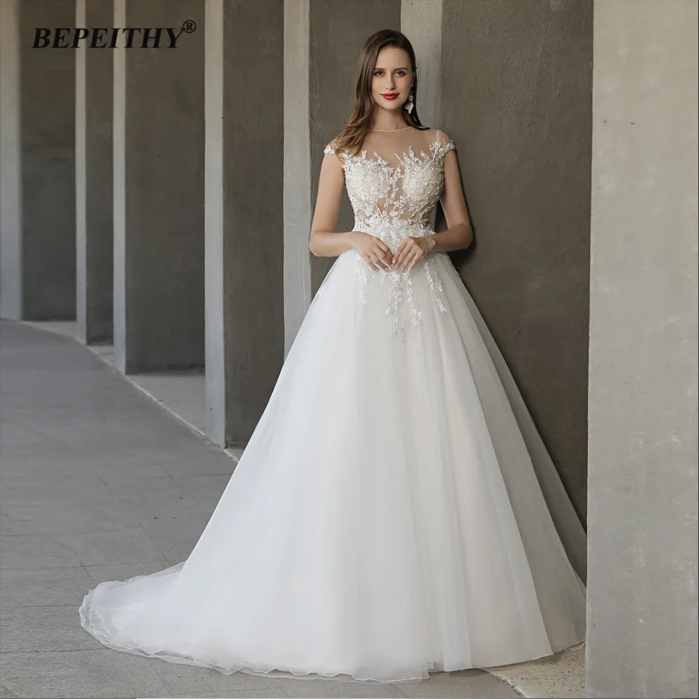 BEPEITHY A Line Cap Sleeves Boho Wedding Dresses 2022 Vestidos De Novia O Neck Lace Sexy Boho Bridal Beach Gown Suknia Slubna