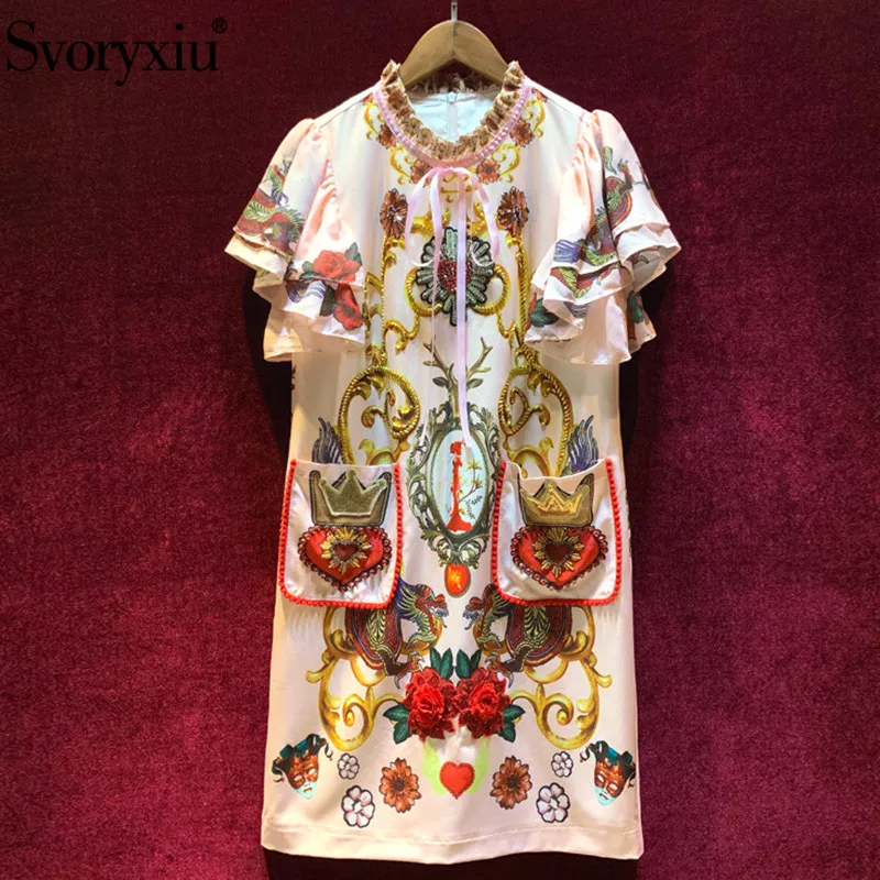 Svoryxiu luxury Runway Summer Dress Women's Vintage Baroque Print Diamond Applique Casual Party Loose Short Sleeve Dresses | Женская