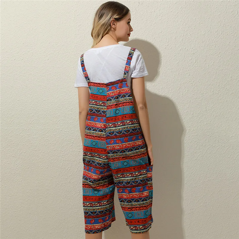 

Bohemian Overalls Women Pockets Print &Linen Sleeveless Loose Long Rompers Jumpsuit Vintage Striped calf-length Plus Size