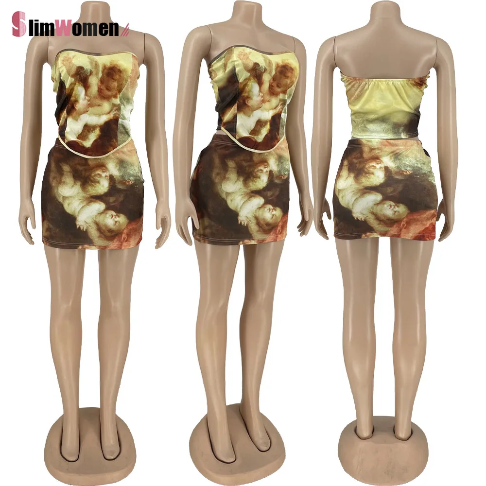 

Fashion Skinny Y2k Crop Top Dress Strapless Bodycon Corset Top Skirt Set Vintage Aesthetic Print Women Sexy Night Club Partywear
