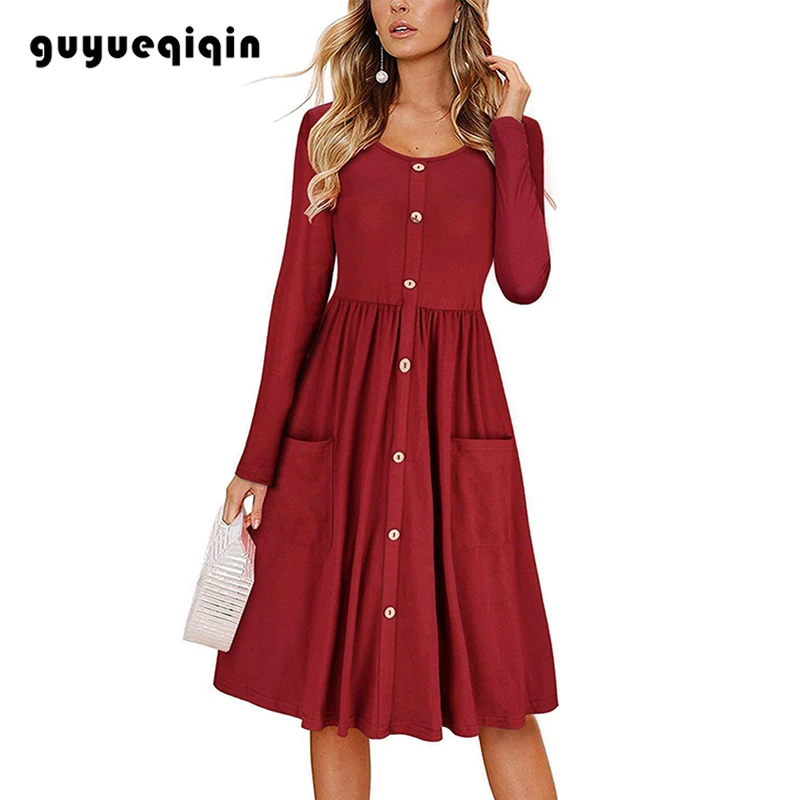 Женское модное платье с круглым вырезом и пуговицами длинным рукавом карманами