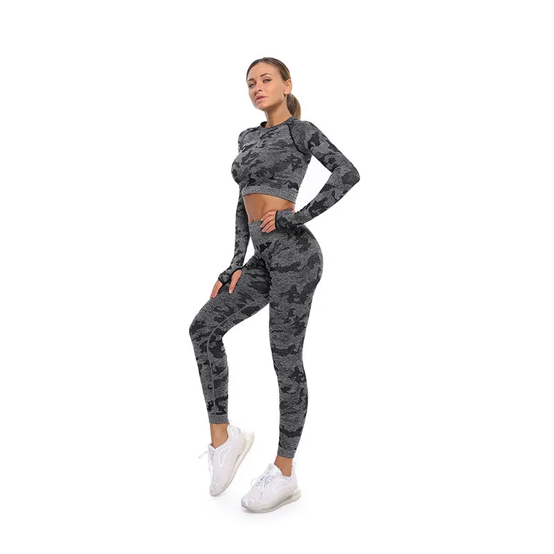 

Seamless Long Sleeve High Elastic Hollow Quick-drying Camouflage Fitness Suit Yoga Clothes Gym Clothing Women Yoga Sets
