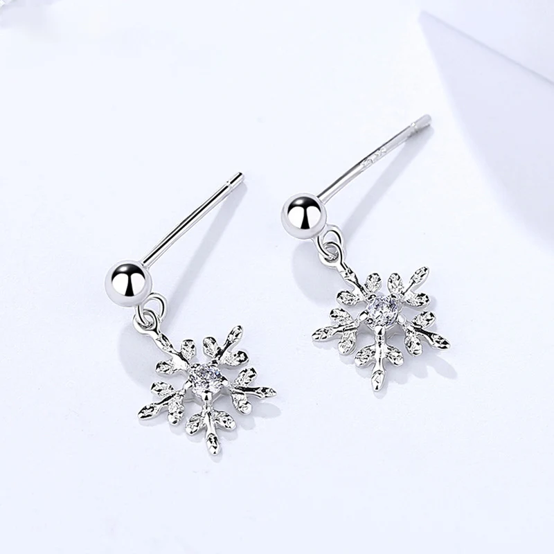 

FNJ Snowflake Earrings 925 Silver Jewelry Original Pure S925 Sterling Silver Stud Earring for Women White Zircon