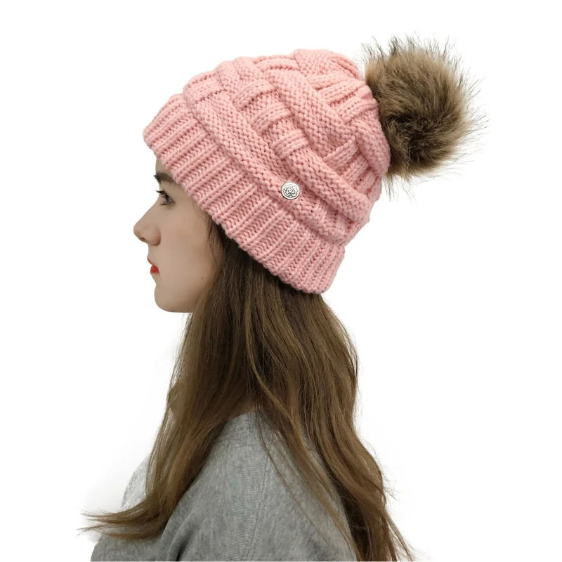 

Women Warm Plaid Knitted Beanie Cap with Removable Pompom Protect Ears Buttons Criss Cross Ponytail Winter Skull Hat