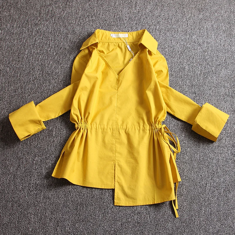 

Asymmetrical Women Blouse 2020 Summer New V-Neck Turn-Down Collar Long-Sleeved Loose Office Lady Elegant Pulls Outwear Tops