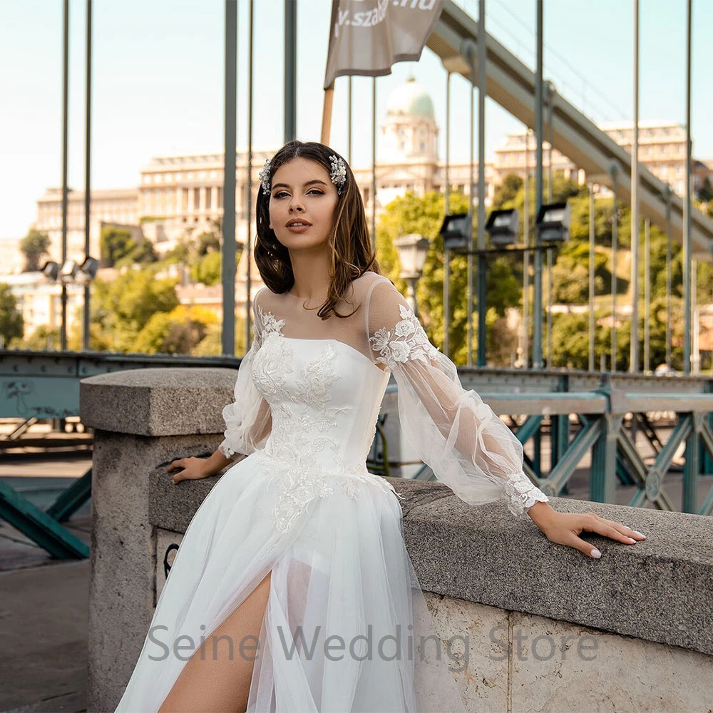 

Romantic Wedding Dress for Bride 2021 Puff Sleeves Lace Applique Tulle Sweep Train High Slit Bridal Gowns Vestido De Noiva