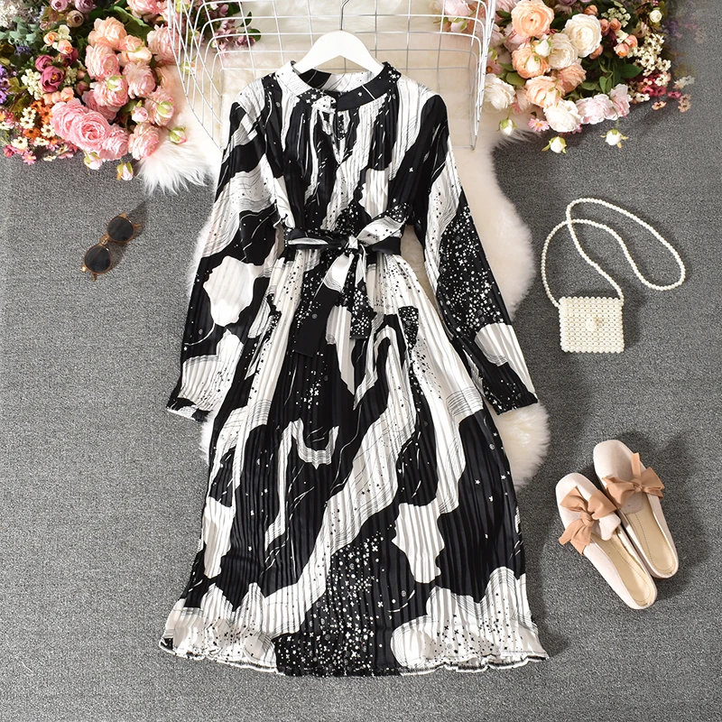 

Women's Pleated Shirt Dress Striped Belt 2021 Summer Simple Print Patchwork Long-sleeved Midi Long Dress Bandage Vestidos Ls297