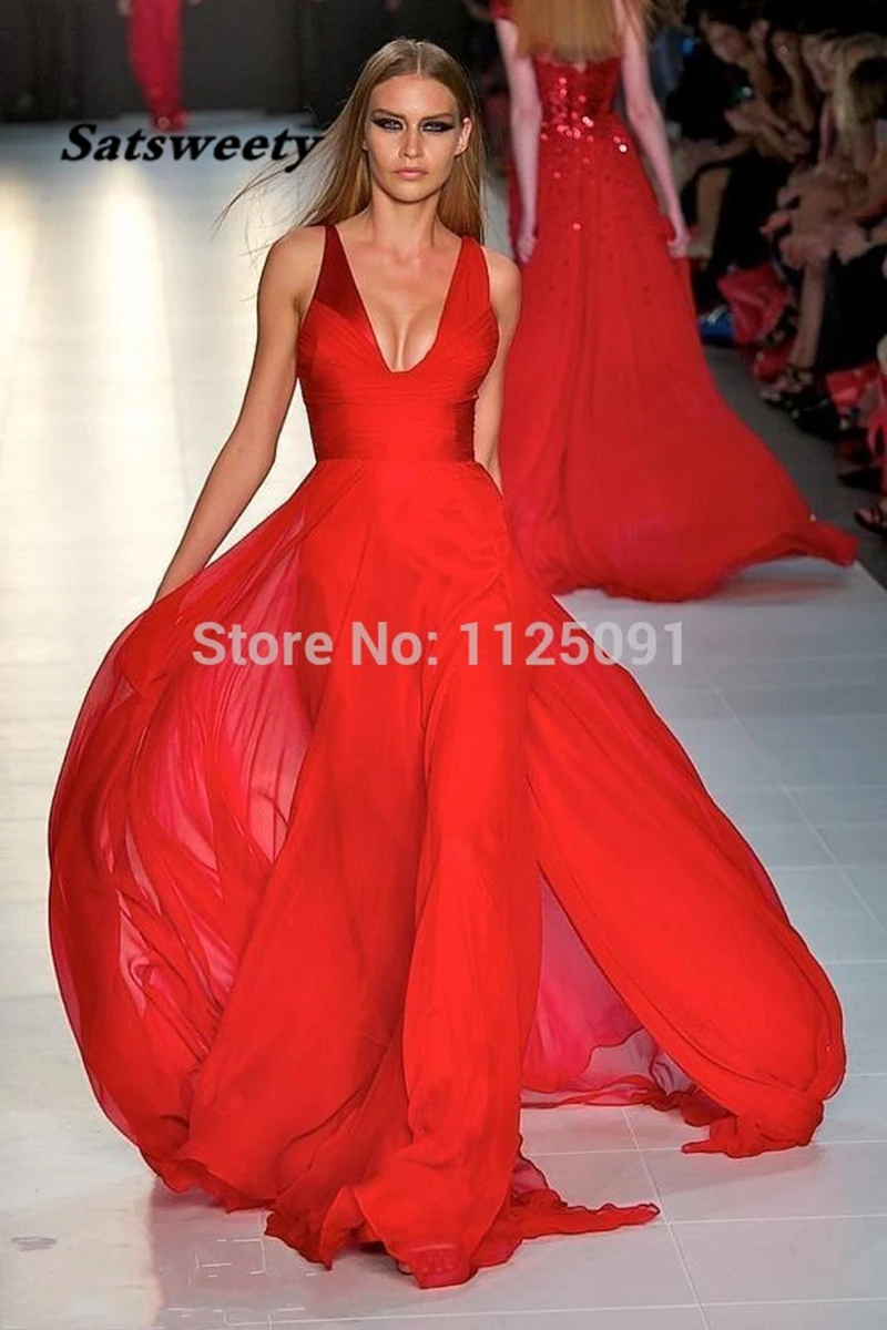 Quickly Delivery Sexy Deep V Neck Pleat Floor Length Long Red Chiffon Celebrity Dresses Custom Made High Quality | Свадьбы и