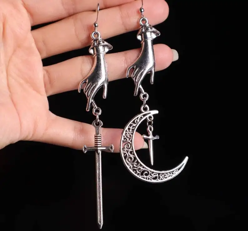 

Hand sword & moon earrings- Gothic, medieval, viking, alternative, goth