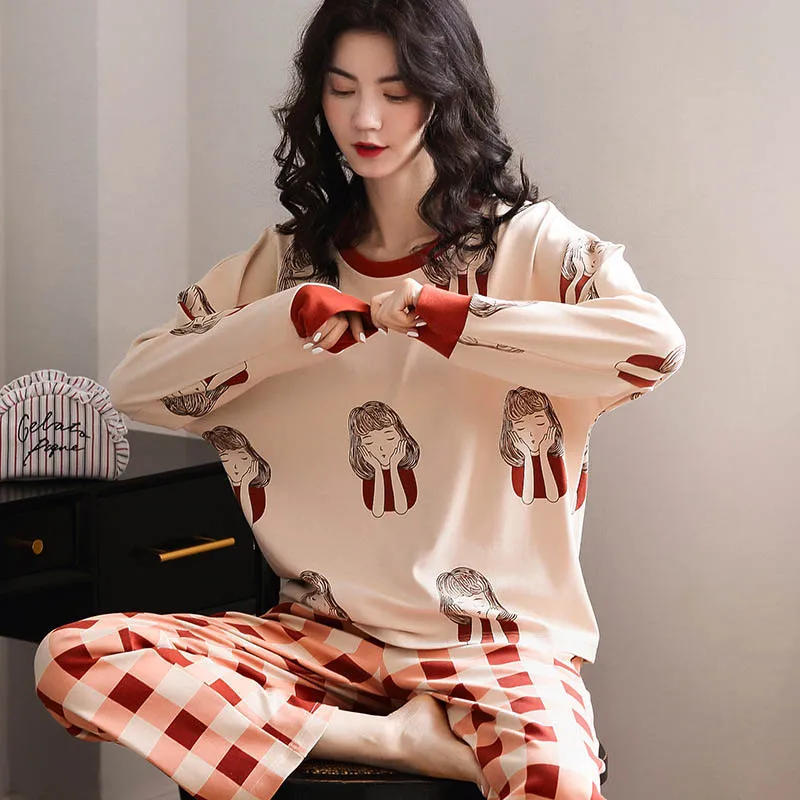 Женские пижамы новые хлопковые с принтом 2 шт. длинные рукава и брюки свободные