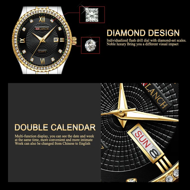 Diamond Quartz Couple Watches Men Women Double Calendar Week Stainless Steel Strap Wrist Watch Business Clock Reloj Hombre Gift