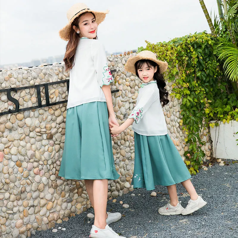 Платье для мамы и дочки Hanfu Милая футболка с цветочным рисунком юбка свадебное