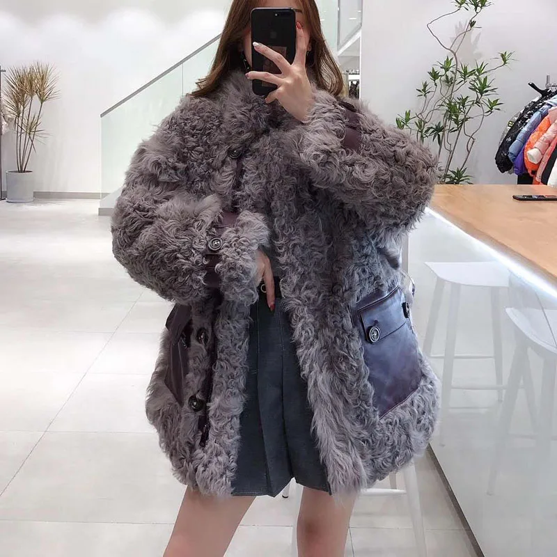 

Coat Winter Natural Women Real Sheep Fur Jacket Regular Style Genuine Leather Pockets Thick Warm Long Sleeve +FN0061
