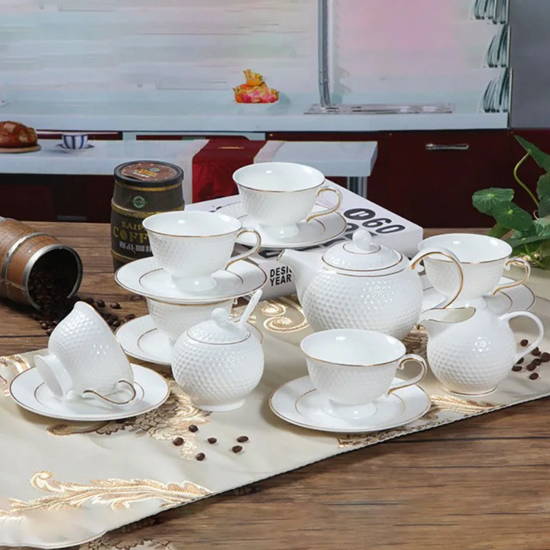 

15pcs Bone China Tea Set Europe Porcelain Golf Shape Simple Ceramic Pot Creamer Sugar Bowl Teatime Teapot Spoon Mug Coffeeware