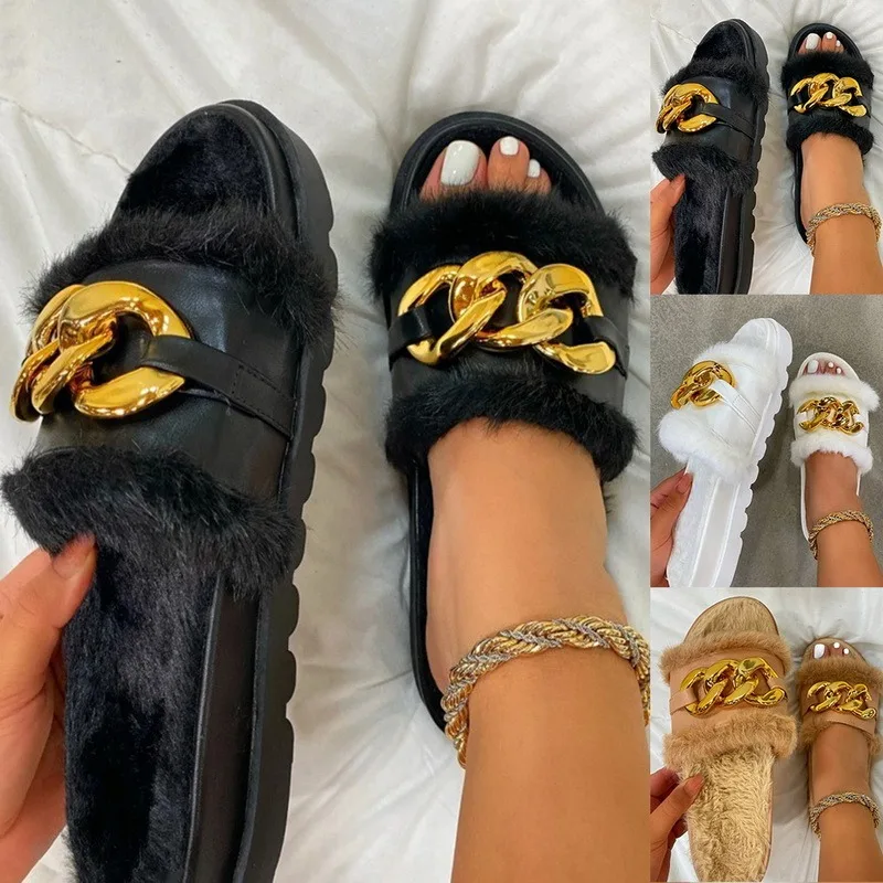 

Summer Plush Slippers Fashion Open Toe Solid Color Women's Sandals Metal Chain Outdoor Casual Women's Shoes Plus Size