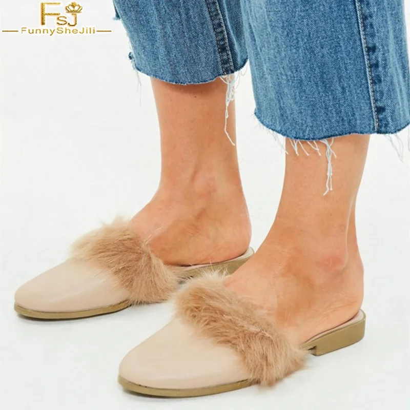 

FSJ Noble Nude Fur Women Mules Comfortable Leather Pointed Toe Slip on Casual Date Ladies Flats 2021 Autumn Spring Size 4-16 US