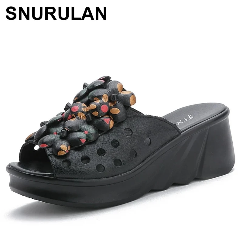

SNURULAN 2021 New Summer Retro Genuine Leather Hollow Breathable Floral Outside Leather Women Slippers Platform Wedges Slides