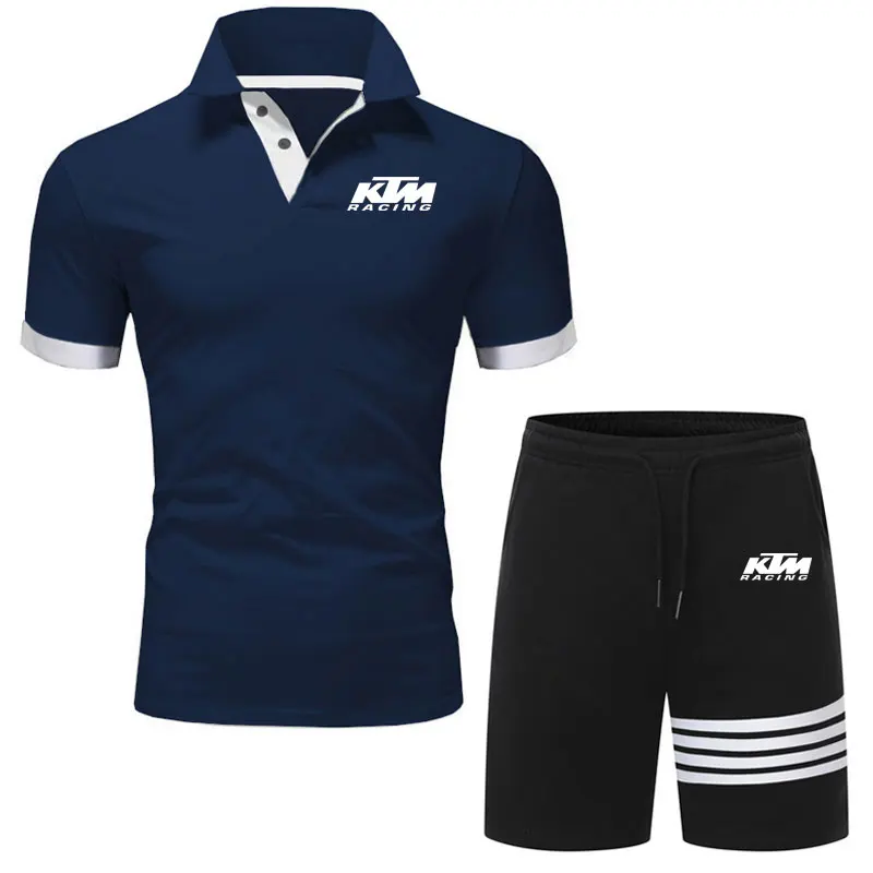 

Summer Shirt Mens Short Sleeve Polo + Shorts Suit Male Solid Jersey Breathable 2PC Top Short Set Fitness Sportsuits Set Men