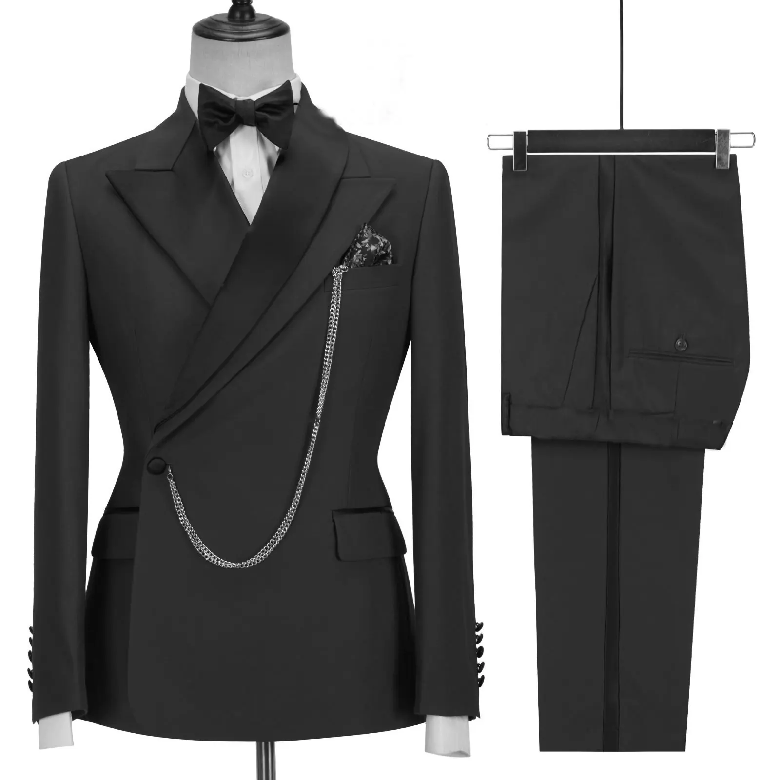 

2021 Custom Made Black Groom Tuxedo Peaked Lapel Double Breasted Men Suit Prom Wedding Party Mens Suits Costume ( jacket+Pants)