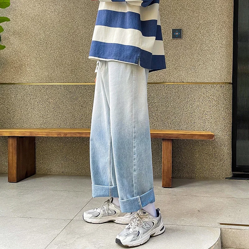 Cotton Gradient Jeans Men's Fashion Retro Casual Wide-leg Jeans Men Streetwear Loose Hip-hop Straight Denim Trousers Mens M-3XL