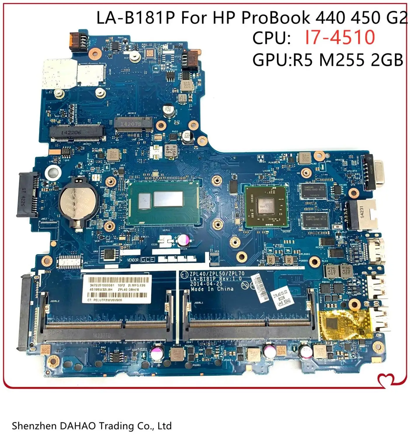 

Материнская плата для ноутбука HP Probook 440 450 470 G2 с Core I7-4510U 216-0858030 LA-B181P 768401-001 768401-501 768401-601