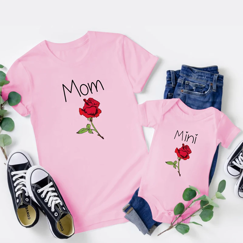 Ropa a juego para madre e hija, Mini camiseta rosa, camiseta de flores para beb&eacute;, ropa de manga corta, Top bonito de verano-1