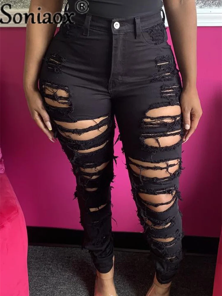 Women’s Slim Fit Ripped Hollow Out Jeans Fashion Solid Color Hole Tassel Stretch High-Waist Denim Pencil Long Pants Trousers