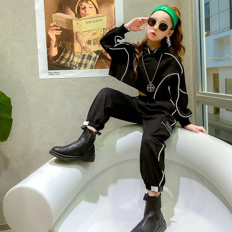 

Осенняя одежда для маленьких девочек, подростков, детские Светоотражающие наряды, комплект из толстовки, свитшота и брюк, 4, 6, 8, 10, 12, 14, компле...