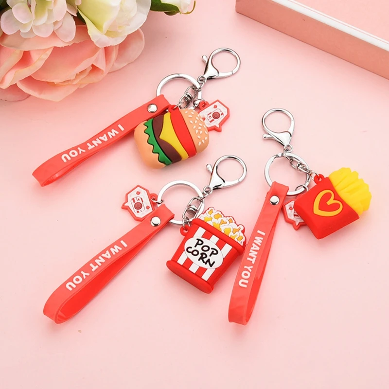 

Simulation Creative Food Key Rings with Bell Popcorn Bag Pendant Mini Food Chips Burger Keychains Car Key Accessories