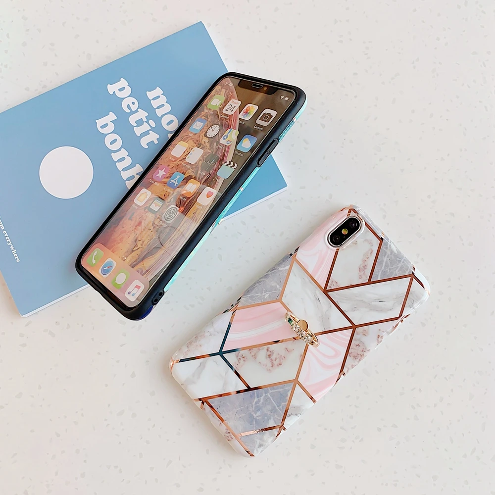 Геометрический мраморный чехол для iPhone XS с кольцом-держателем Роскошный