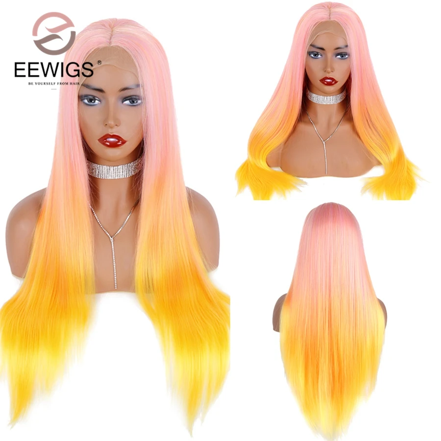 Pink Yellow EEWIGS, желтый, Ombre, розовый синтетический парик на кружеве, жаропрочные Длинные прямые парики, высокотемпературные парики для женщин - Цвет: Pink Yellow