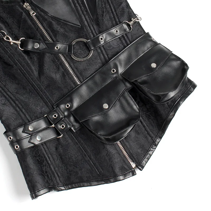 

Women Punk Bustier Corset Set Gothic Waistcoat Steel Bone Costume Cape Leather Bag Zipper Shapers Black Printed Cosplay Clothing