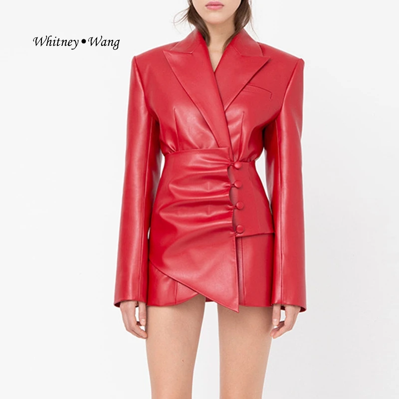 WHITNEY WANG Autumn Winter Fashion Streetwear Asymmetrical PU Jacket Women Faux Leather Jacket Coat Outerwear