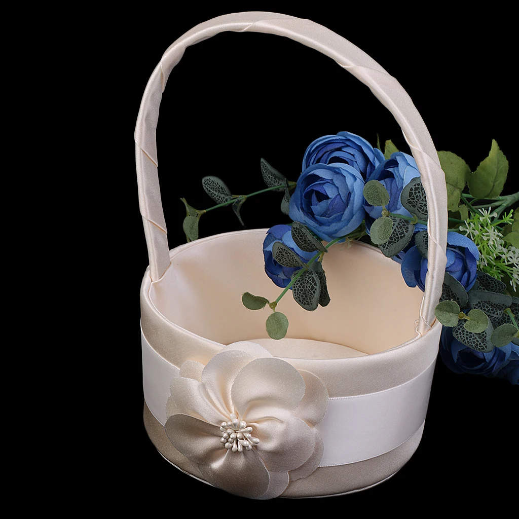 

Elegant Simple Flower Champagne Satin Basket Wedding Ceremony Flower Girl Basket Party Home Decoration