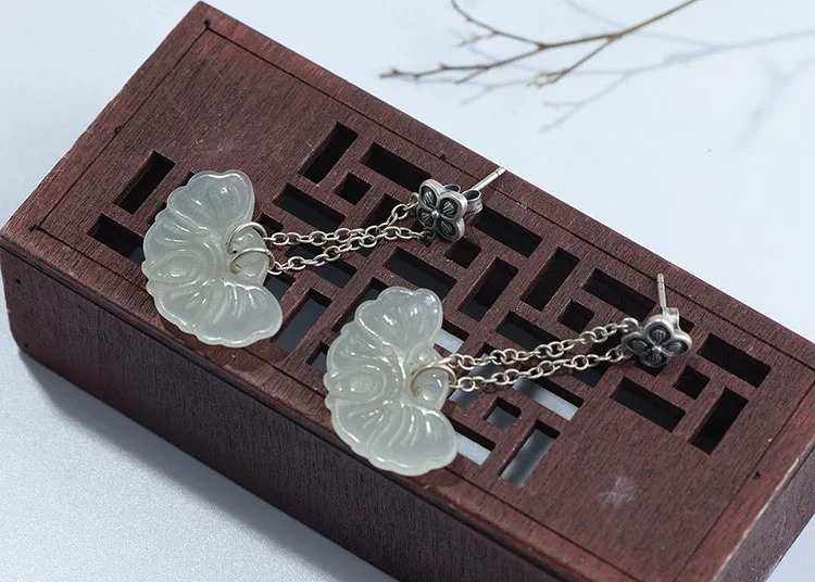 FNJ Hetian Jade серьги из 925 серебра,, Чистое Серебро S925 пробы, висячие серьги с кисточкой для женщин, ювелирное изделие, клевер