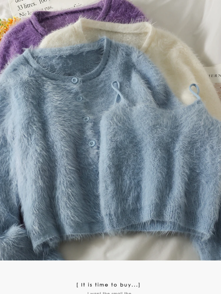 Женский укороченный кардиган повседневный черный вязаный комплект из двух