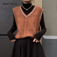2021 autumn european and american streetwear womens american retro style v neck contrast color sleeveless sweater vest women