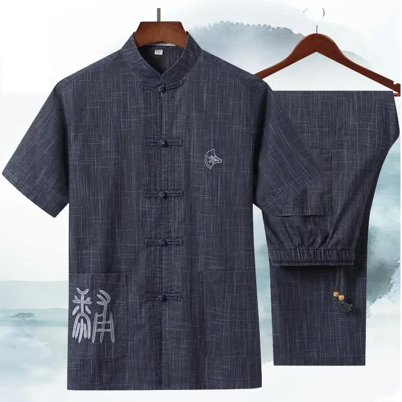 

Костюм мужской из хлопка и льна, Униформа с коротким рукавом, с вышивкой в традиционном китайском стиле, размеры до 4XL