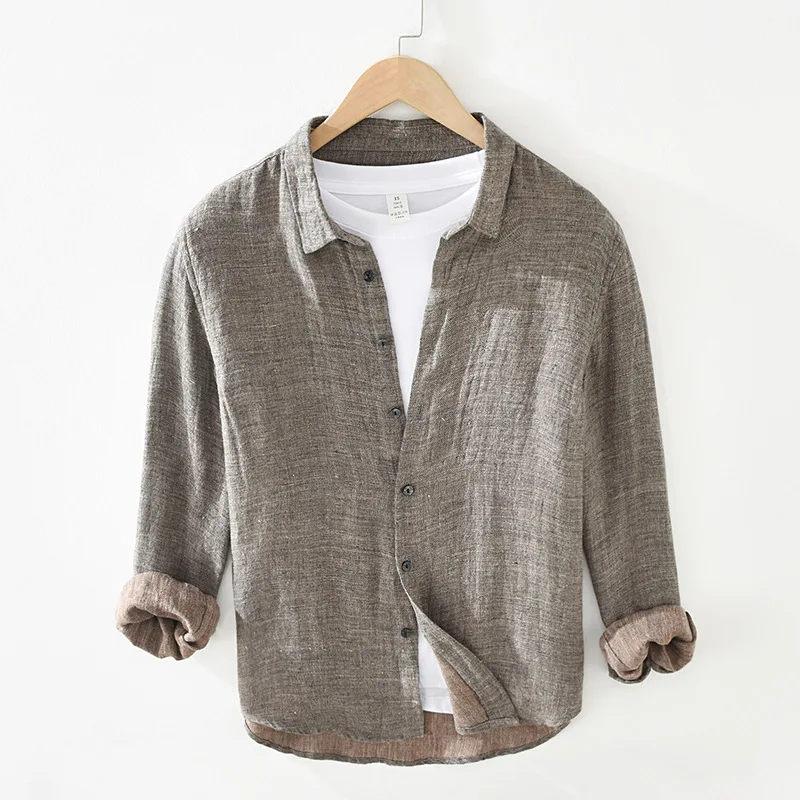 

2021 High Quality Men's Clothing Pure Linen Long-sleeved Shirt Youth Retro Texture Lapel Shirt Camisas Para Hombre