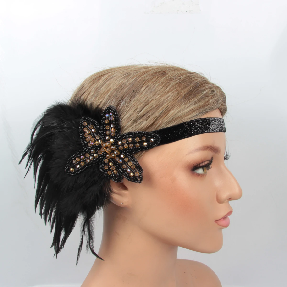 

Gatsby Hair Accessories Gold Crystal Applique For Flapper Black Feather Hair Bands For Bridal