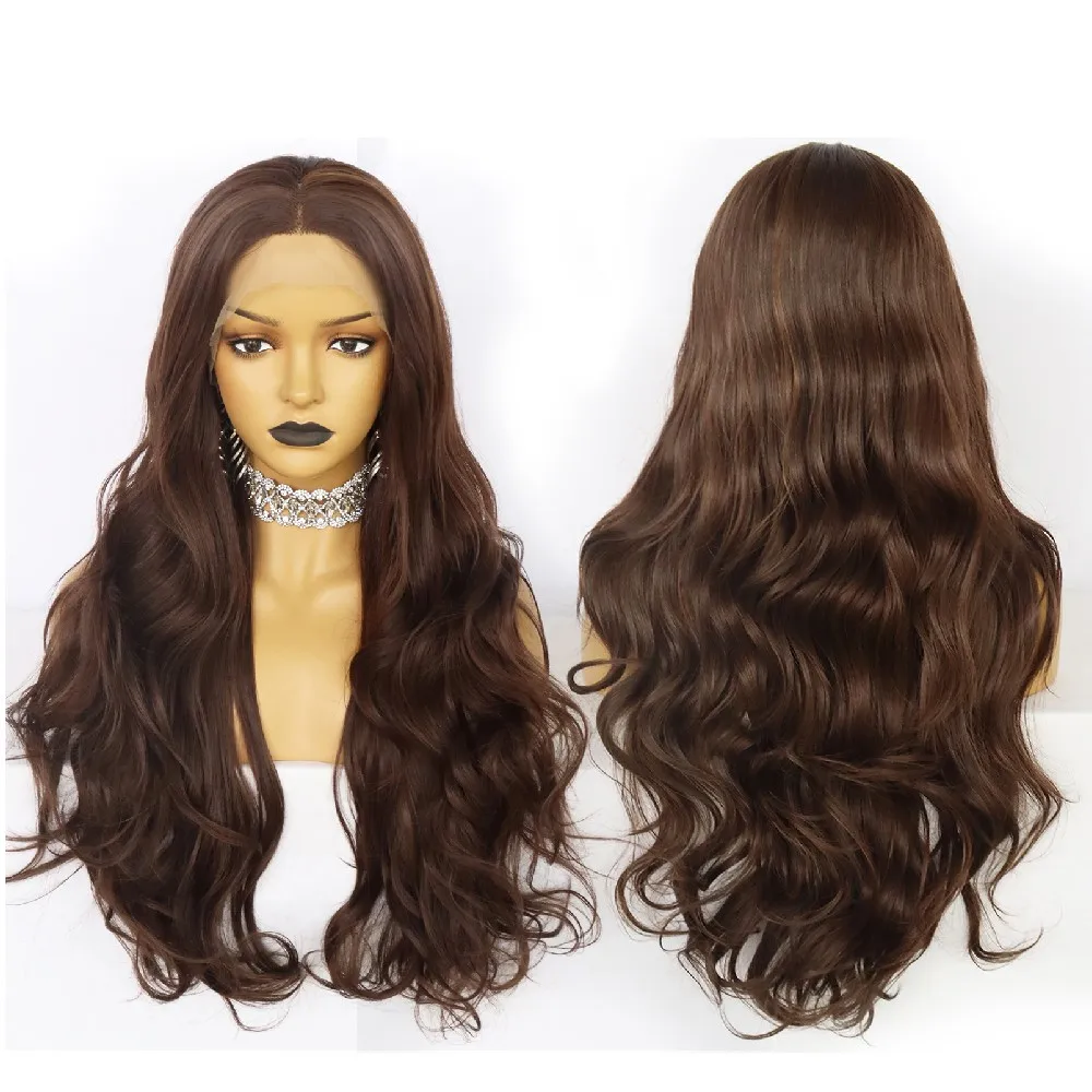 30inch Part Lace Front Wig Wave Wigs Dark Brown Synthetic Heat Resistant Fiber Synthetic Cosplay Daily Wigs For Black Girl Women