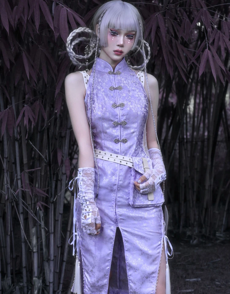 

Original Design Dark Chinese Style Purple Summer Dress Slim Sleeveless Pocket Slit Straight Midi Dress Gothic Punk Girls Vestido
