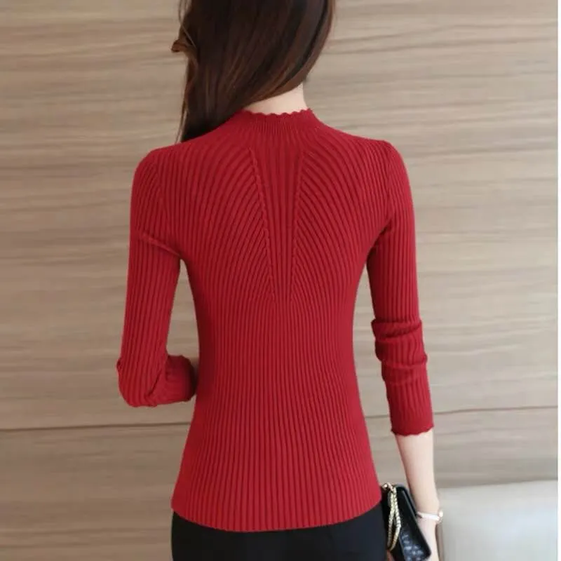 

NEW Pink Hlaf Turtleneck Full Sleeve Solid Sweater Women Basic Knitted Pullover Autumn Winter Jumper Ladies Tops Pull Femme