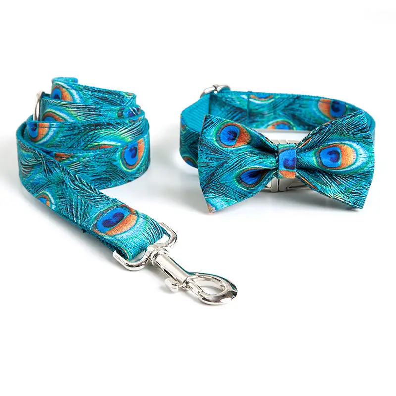 

Dog Collar and Leash Set with Bow Tie Pretty Tropical Leaves Metal Buckle Big and Small Dog&Cat Collar Pet Accessories