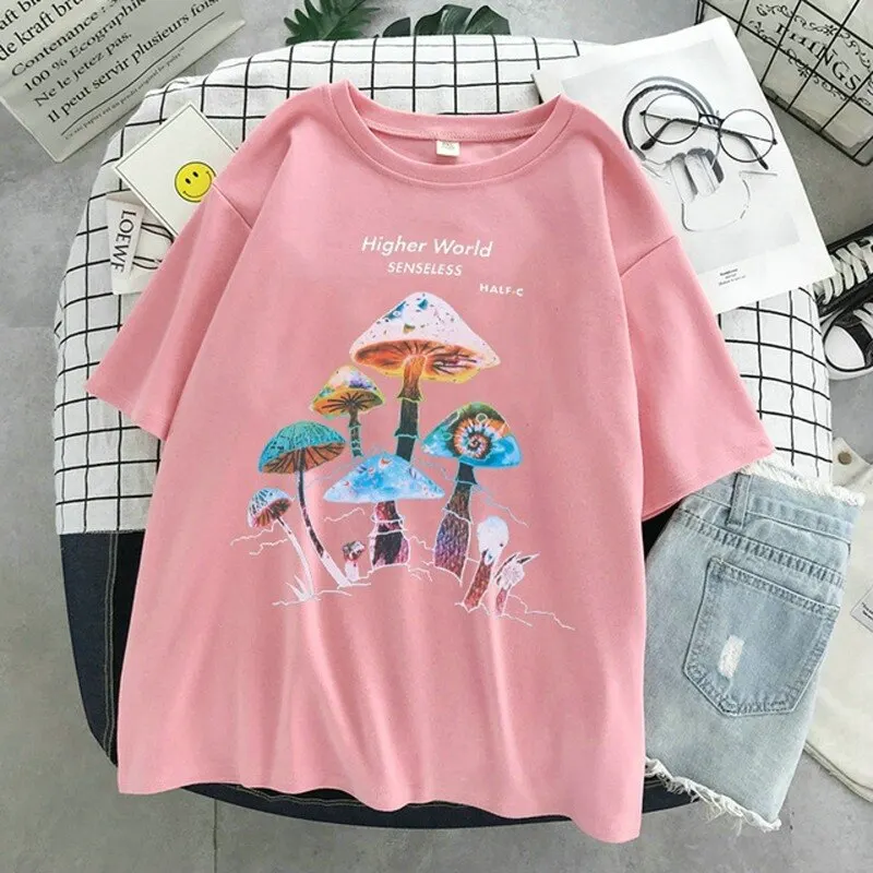 

Muyogrt Harajuku Colorful Mushroom Print T-shirt Street Casual Streetwear 2021 Couple Casual Pullover T-shirt Female Mens Tops