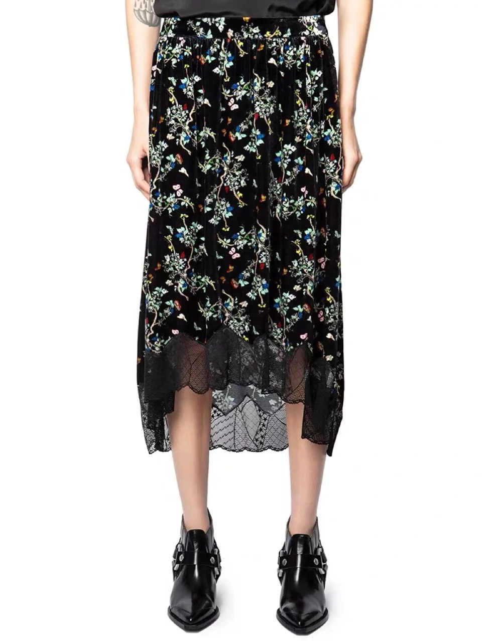 

Skirt Printed Women Glossy Silk Half Skirt Short Front and Long Back Splicing Lace Gorgeous and Elegant