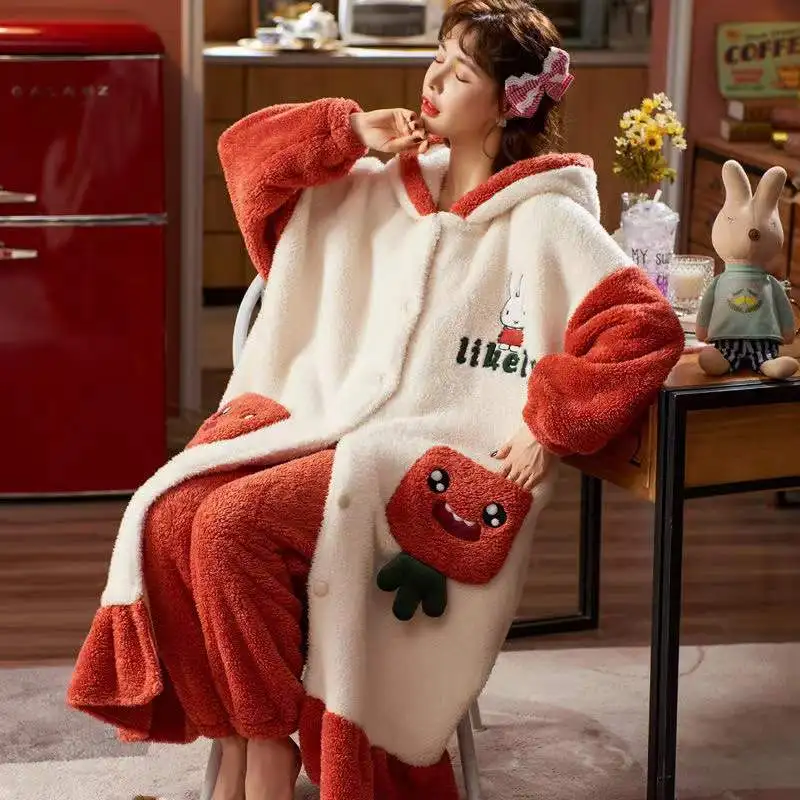 Winter Coral Fleece Pajamas Sets Women Thick Warm Flannel 2-Piece Set Sweet Cute Hooded Nightgowns Suit Soft Home Clothing F