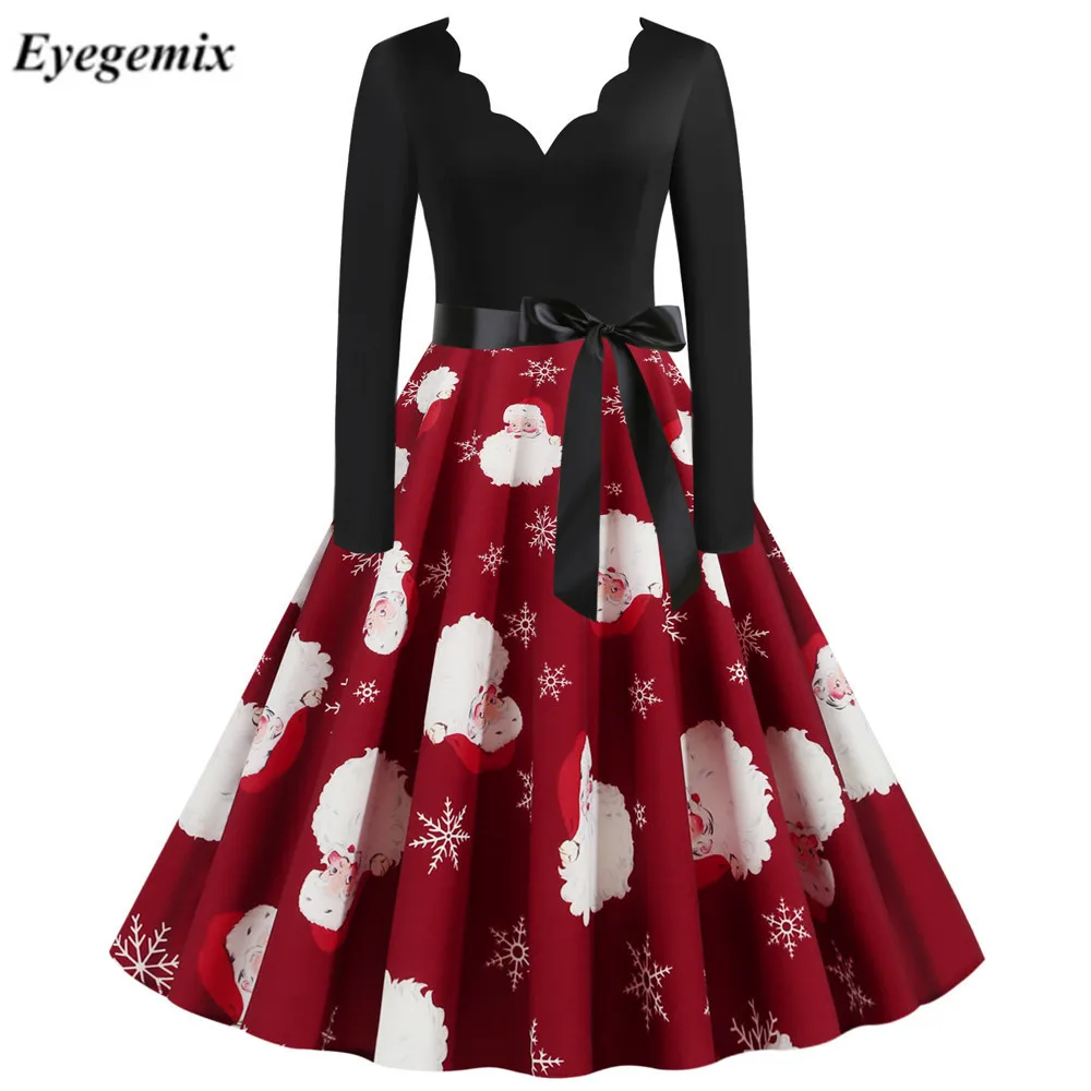 Красные большие качели печати рождественское платье женская зимняя